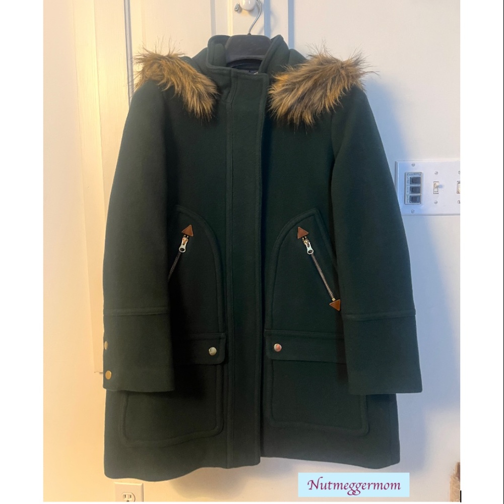 NWT J Crew Chateau Parka in Italian Stadium-Cloth Wool - Dark Forest -  4 Petite